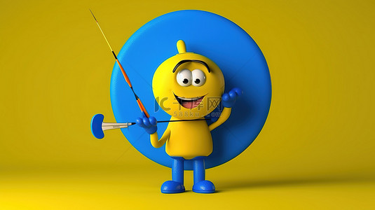 蓝皮书人物吉祥物的 3D 渲染，其在充满活力的黄色背景上持有带有靶心的射箭靶