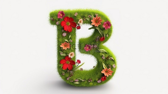 绿色植物花朵背景图片_红色花朵和孤立的草中第三个数字的 3d 渲染