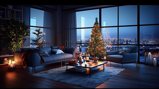 夜间客厅背景图片_夜间圣诞节庆祝活动在舒适的客厅里举行，客厅装饰着发光的树和 3D 渲染的节日礼物