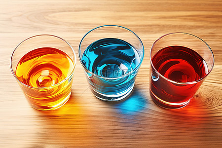 倾倒的酒杯背景图片_木质表面上有糖浆的三块彩色玻璃杯
