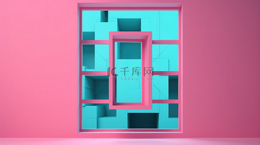 3d 渲染中充满活力的粉红色窗口，在蓝色墙壁的映衬下显得格外醒目