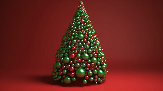 圣诞树形绿色珍珠球在红墙上的 3d 渲染