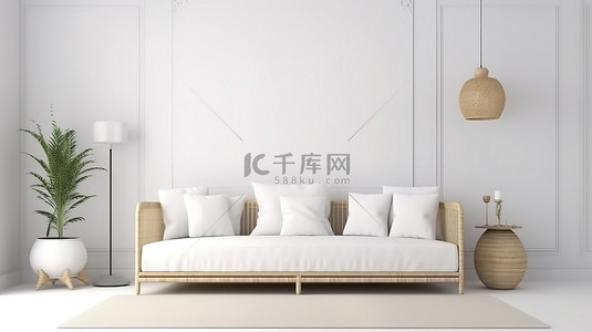 落地灯沙发背景图片_客厅室内设计 3D 沙发和枕头模型显示在白色屏幕上