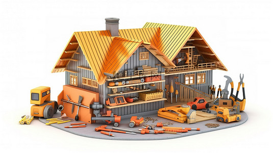 维修服务力背景图片_白色背景 3D 插图上的家庭维修和施工工具集合