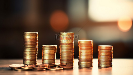 上升的硬币堆栈象征着货币价值的上升，方向箭头指示金融增长，通过 3D 插图渲染描绘储蓄和投资的概念
