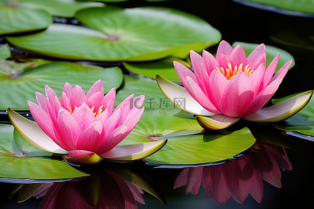 绿叶池塘上的粉红色睡莲