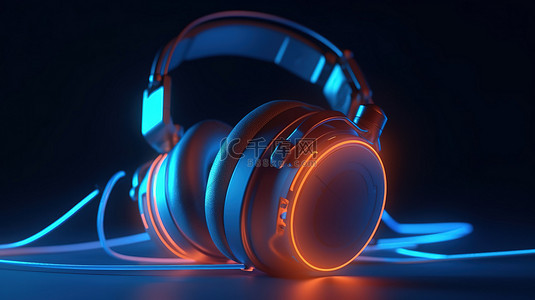 3D 复古橙色耳机在蓝色隔离背景下渲染，带有霓虹灯口音