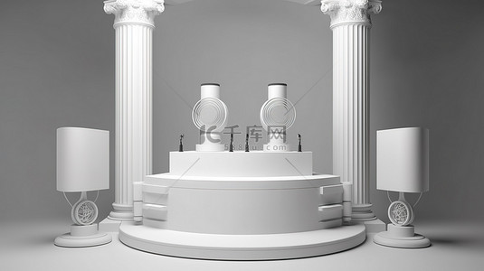 发布会发布会背景背景图片_带麦克风和论坛的白色演讲台的 3D 渲染