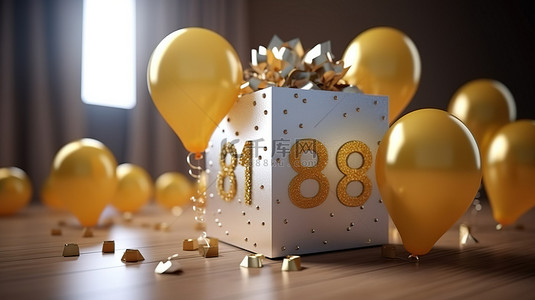 海报祝福背景图片_金盒子和气球惊喜渲染快乐庆祝18岁生日