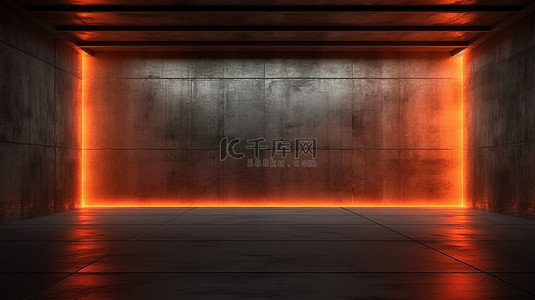 透视空间背景图片_坚韧的混凝土空间与充满活力的橙色霓虹灯墙灯 3D 渲染