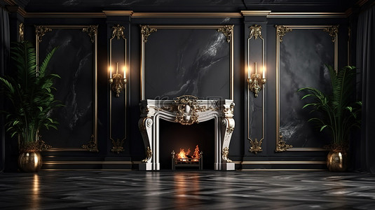 经典的背景图片_宏伟巴洛克和经典室内设计的逼真 3D 渲染，配有壁炉黑色大理石地板和柱子