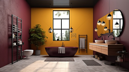 白褐色背景图片_带窗户的勃艮第和黄色色调的现代浴室的 3D 渲染