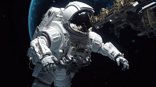缩放背景图片_机器人宇航员在令人惊叹的 3D 渲染中缩放航天飞机