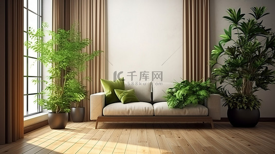 客厅的 3D 插图，配有绿色沙发盆栽植物木地板和阳光照射的大窗户