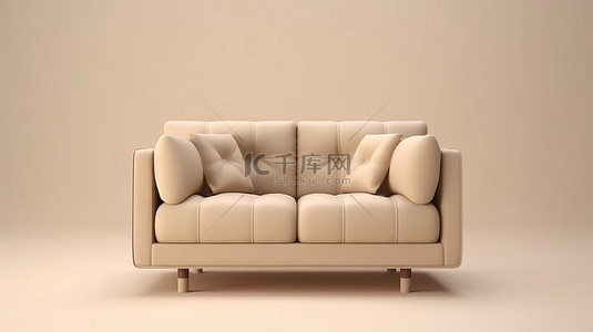 米色沙发背景图片_前视图中小型米色沙发的 3D 渲染