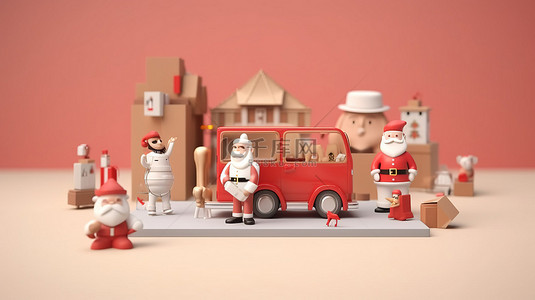圣诞老人和朋友用智能手机在线购物圣诞节的 3D 渲染