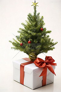 白色小雪人背景图片_一棵小圣诞树和白色礼物中的蝴蝶结