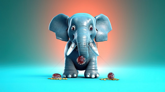 异想天开的 3D 大象高兴地抓着药丸