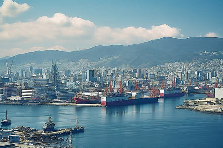 港口贸易背景图片_繁忙港口的景色，有船只和大型建筑