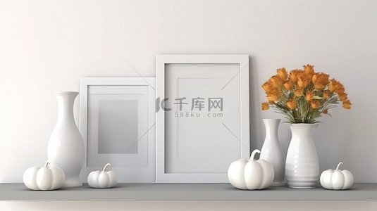 灰色墙面样机背景图片_秋季万圣节 3D 渲染装饰南瓜花瓶和镜框在光滑的灰色架子上