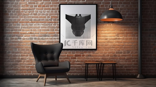 椅子模板背景图片_时髦的室内 3D 渲染，带有醒目的黑色椅子和砖墙上的模型海报