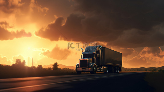 一辆半卡车在横幅上驶入日落的 3d 渲染