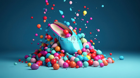 蓝色背景 3D 渲染中充满活力的球中漂浮的化妆品和高跟鞋从包中出现