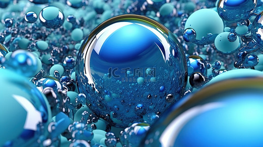 蓝色液体球体的融合抽象 3D 插图