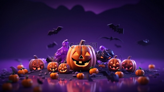 夜灯卡通背景图片_传统的十月假期 3D 渲染南瓜灯南瓜糖果蝙蝠和紫色背景上的坟墓，营造欢乐的万圣节