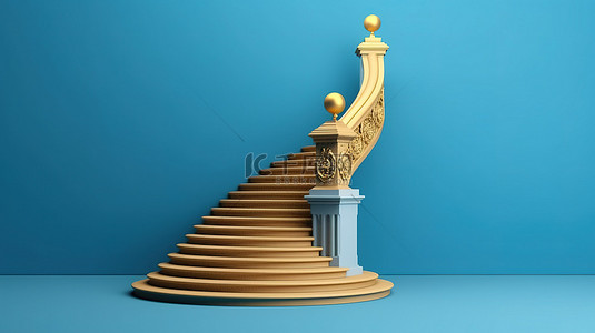 优胜者设计背景图片_一等奖荣誉金奖杯设计的 3D 渲染，放置在蓝色背景上隔离的楼梯顶部