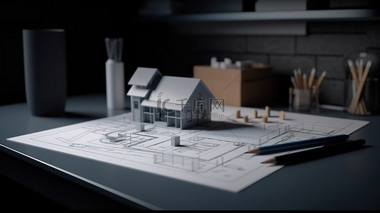建筑师的 3D 工作空间，桌面上有模型房屋和标记