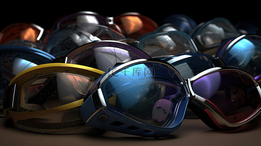冬季户外活动背景图片_3d 渲染中的滑雪护目镜堆