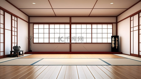 宽敞房间的 3D 渲染，采用日本美学设计，具有简约风格