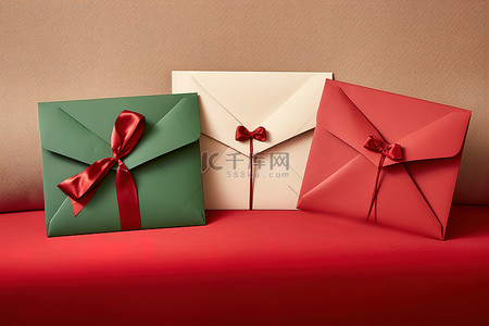 四个红色和绿色的信封，枕头上有蝴蝶结