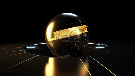 金色和黑色旋转玻璃半球的未来主义 3D 插图代表具有几何背景的大数据概念