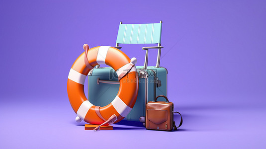 打开的行李箱背景图片_生动的紫色行李箱，配有海滩配件 3D 渲染在蓝色背景上
