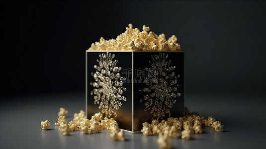 3d 中的金色爆米花盒渲染悬浮食物，以获得电影小吃体验