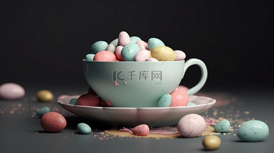 特色甜点背景图片_以一杯糖果和鸡蛋为特色的平躺式 3d 渲染背景