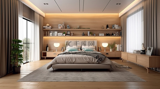 简洁墙背景图片_设计简洁的木质卧室装饰 3D 渲染