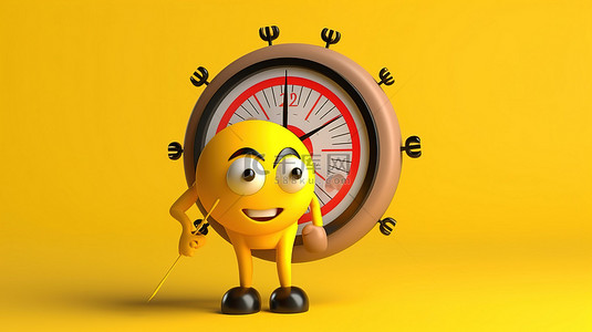 黄色背景的 3D 渲染，带有闹钟吉祥物人物角色和飞镖在射箭目标的中心