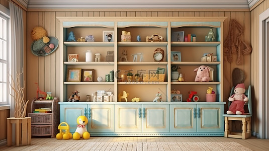 中书房背景图片_永恒卧室中的普罗旺斯风格儿童家具，两个橱柜和架子，用于放置玩具和书籍 3D 渲染