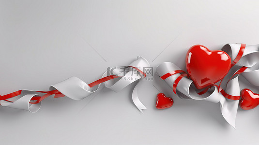 度过情人节背景图片_充满活力的 3D 渲染红心装饰着空白丝带，度过一个快乐的情人节