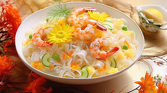 中国虾背景图片_中国炒饭虾和蔬菜面条泰式