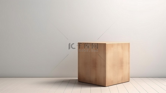白墙上显示的木胶合板盒模型的 3D 渲染