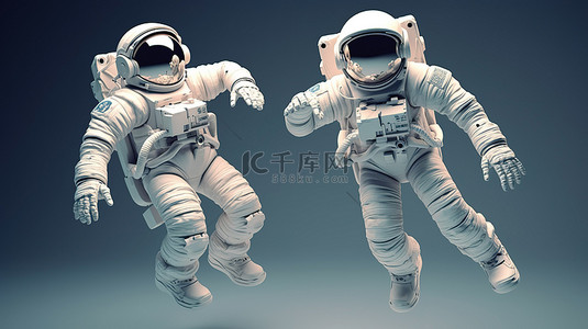 两位兴高采烈的宇航员欢快地跳跃，令人惊叹的 3D 图像