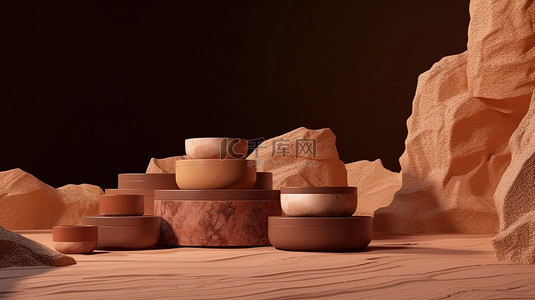 产品展示位置和 3D 展示呈现优雅的棕色岩石组合