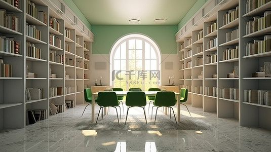 室内会议背景图片_3d 渲染图书馆内部的书桌和椅子