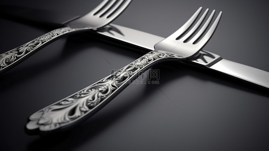 灰色背景下的银色餐具 3D 渲染