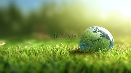 以环境为主题的倾斜草地背景上地球日横幅的 3D 渲染