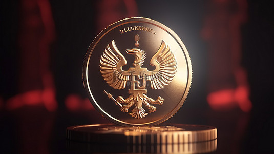 卡通风格 3D 渲染俄罗斯卢布硬币符号的插图，背景描绘了蓬勃发展的俄罗斯经济和金融体系